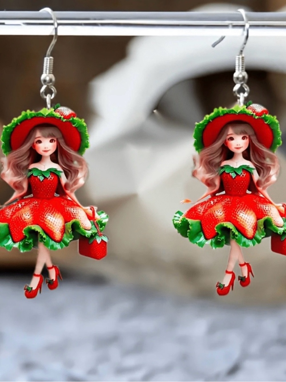 Strawberry Doll Drop Earrings - Red & Green